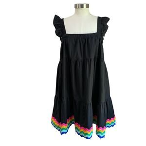 Crown & Ivy Tiered Swing Dress Black Rainbow Hem Bow Back Size XS
